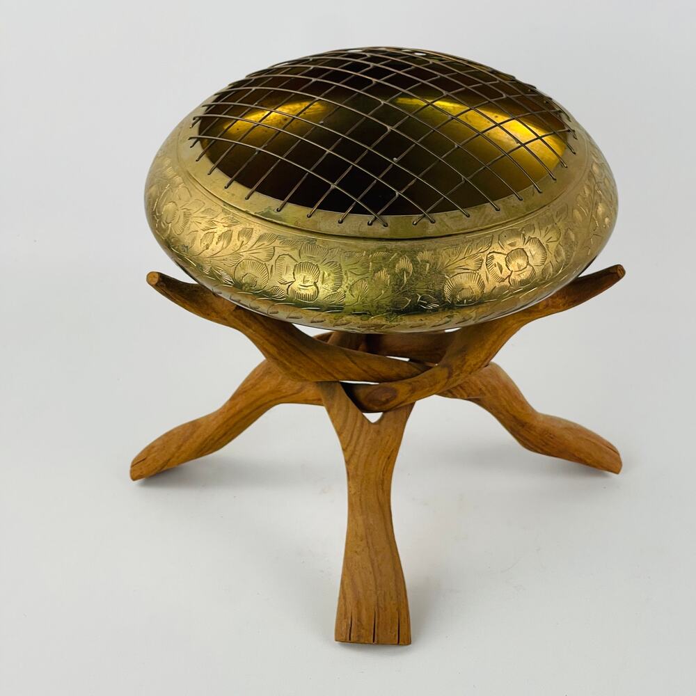Vintage Round Brass Rose Bowl Etched Rose Design on Wood Stand 7 1/4”